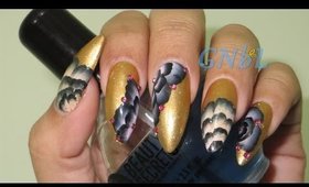 GNbL-Black and Pink One Stroke Nail Art on Gold Nails