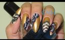 GNbL-Black and Pink One Stroke Nail Art on Gold Nails