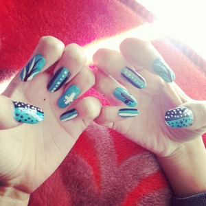 blue black and white nails #cute #,cross #lines #dots 