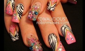 DIVALICIOUS: robin moses nail art design tutorial pink zebra with beads and stones