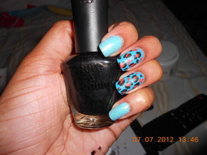 I used China Glaze/ For Audrey on my index and pinky finger and i used Orly/ Blue collar on my two middle fingers . I also put Essie/Matte about you over the cheetah . And i also did Essie/ Shine of The Times on my index and pinky . Very easy mani