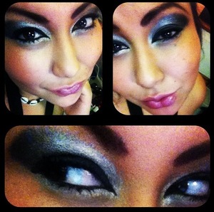 Still dramatic but toned down, using profound booklette, silver,gray, and black, black liner , and rosy lip gloss 