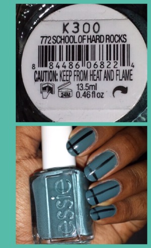 They were inspired by the nails at the Tibi show. Dark teal color for fall in Essie School of Hard Rocks and black stripes.