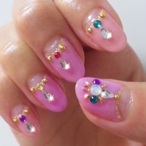 Pink　Nails　×　Gold  &  Colorful　Jewels