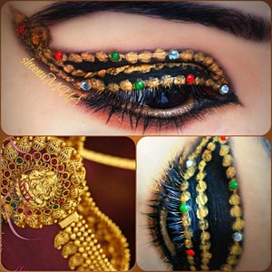 South Indian traditional temple jewellery inspired eye makeup.