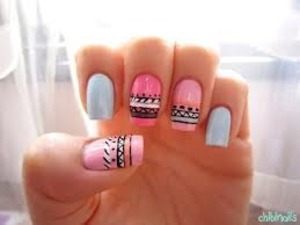You literally paint your nails one colour then do some small streaks of another colour on top. Then you do a design like zig zags or spots on them lines in black with a cocktail stick
