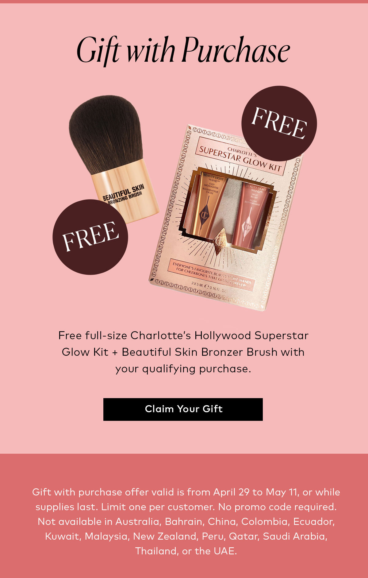 Get a free full-size Charlotte’s Hollywood Superstar Glow Kit + Beautiful Skin Bronzer Brush with your qualifying purchase at Beautylish.com 