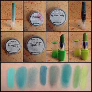 Top Row, Left to Right: "Mint Madness" by Fierce Magenta, "Lobotomy" by Impulse Cosmetics, "Toy Store Cowboy" by Impulse Cosmetics, "Aurora" by Fierce Magenta
Middle Row, Left to Right: "Bogart" by Impulse Cosmetics, "Agent X" by Impulse Cosmetics, "Envious Desire" by Kleancolor, "Magic Lime" by Klean Color
Bottom: Swatches in order of listing