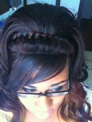Simple braid headband with bangs and loose curls. 