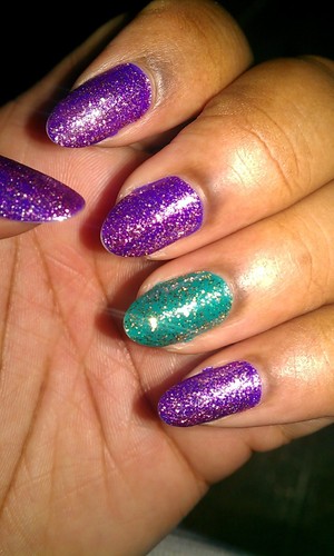 Purple polish, green polish, gold topcoat.