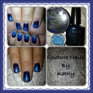 CND Shellac Midnight Swim with Cerulean Blue additives and a blue glitter mix. 