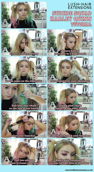 Find full instructions and video at - https://www.lushhairextensions.co.uk/suicide-squad-exclusive-harley-quinn-hair-and-makeup-tutorial