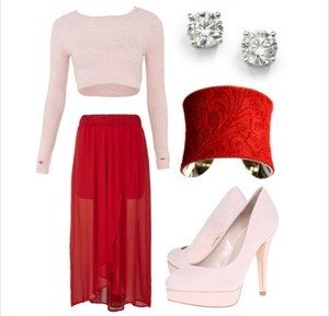 Cropped Top, Red Long Skirt, Red Bracelet, Diamond Earrings, Platform Pink Shoes.