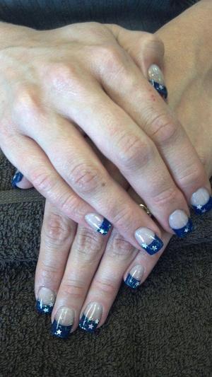 Blue French Tip with stars & glitter built into CND Acrylic