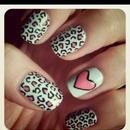 White Nails with Pink Cheetah Print and Pink Heart