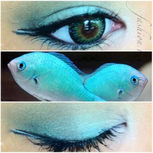Nothing completely out of the ordinarily, but perhaps a little unwearable for every day ;) Feel free to tweak it however you want to make it “you!” Inspired by tropical blue-ish green fish, the look incorporates some aspects of the ocean, “fish tails,” iridescent shimmer as you’ll see in the video.  The video tutorial for the look can be found at the blog! Enjoy xx