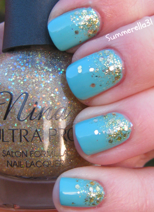 Finger Paints Tiffany Imposter, Nina Ultra Pro Holographic Top Coat, Sally Hansen Set the Stage and Cover Girl Gold Rush