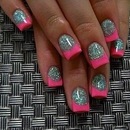 Hot pink tips & silver glitter bed.