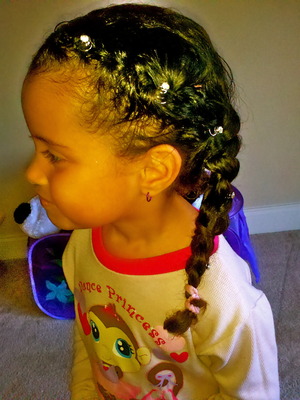 Started with french braid and incorporated it into one big braid...added little jewels for fun