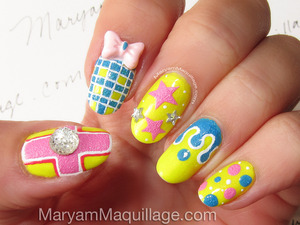 Hand-painted by me, inspired by Japanese Nail Art: http://www.maryammaquillage.com/2013/04/bright-textured-happy-3d-nail-art.html