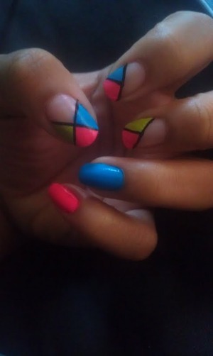 First time doing my nails after my arm injury... Not as good as I use to be but I'm getting better. Used: Ruby Kisses in Cotton Candy & Blues Clue. SinfulColors in Innocent. L.A. Colors Art Deco in Black & Kleancolor Nail Lacquer in Neon Pink.