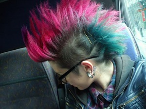 pink and blue Mohawk with shaved sides 