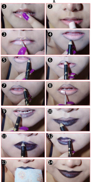 How to apply black lipstick:

Things you will need :

A lip balm
A concealer
A foundation
A Black eye liner pencil
A tissue paper
A  Body lotion or face cream

Here we will show you how to wear a black lipstick http://www.stylecraze.com/articles/tutorial-how-to-do-a-black-lipstick/