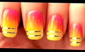 Neon Gradient & Silver Stripes nail art