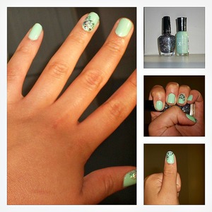I used Sally Hansen's Xtreme wear nail color in "mint sorbet" & Milani's "530 Gems" to create this look! (i had forgotten to take pics when i first did them so these are after wearing the polish for a week.)
