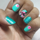 Turquoise nails with cherry blossoms