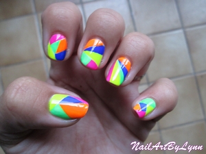 These are all the neon colours I bought in Spain. Each nail is different as well on my right hand. I used tape for this and sometimes a steady hand. For more info and pictures, check my blog: http://nailartbylynn.tumblr.com/