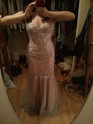 kylie jenner rose gold dress Strapless Long Prom Ball Gown with Sheer Corset Smoky Blue / 4