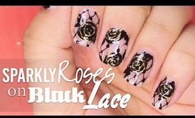 Sparkly Roses on Black Lace nail art ✩ PinkFlyingCow