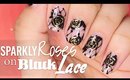 Sparkly Roses on Black Lace nail art ✩ PinkFlyingCow