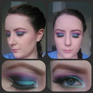 I used Mochi on the lid and up to the crease, I then layered Poison Plum over and blended just to above the crease. Next, taking a bit of NYX's jumbo pencil in Milk on a synthetic angle brush I created a white line just below the edge of Poison Plum and used Tako to make the white more intense. For the lower lashline I first used some of NYX's Jumbo Pencil in Milk again and then layered Acidberry on top. Finally I used a small amount of Lumi in the inner corner to add a highlight. For beneath the brows I used NYX's Nude Matte Shadow in Kiss the Day