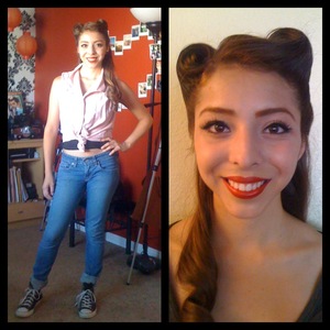 This is a 50's look I did for my sister when she had a 50's themed party to go to. I barrel curled all her hair let it cool down while the curls were pinned with single prong clips. I did her make-up while they cooled down. I then released them and did the victory rolls using "Big Sexy Hair-Spray and Play" hair spray. Lastly, I brushed through the curls to smooth them with a paddle brush, and lightly sprayed with "Big Sexy Hair" hair spray.