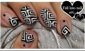 Greek Style Square Spirals Nail Art | Black and White Squares Nails ♥