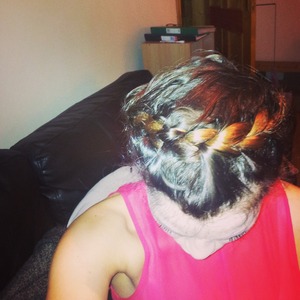 French plait that in twisted around my head and clipped into place, quick and easy! 
