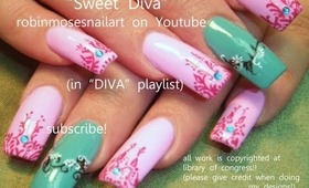 Pink and Mint Green Filigree Nail Art Delicate and Juicy