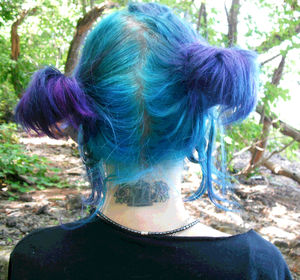 A mix of Punky Colour hair dyes:
Atlantic Blue, Flamingo Pink, + Faded Ebony