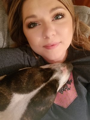 My dog Riley sleeping on me after a long day at work. I have not found a foundation that last as long as my estee lauder double wear. My makeup always looks like I have just applied it. 😍❤🐶