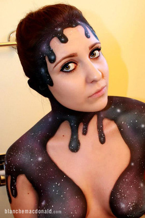 Airbrushed makeup by current Blanche Macdonald Global Makeup student Melanie Kirkpatrick.

“How I achieved the look was using Kryolan Aqua Colours through my airbrush using solid black as a background and then adding the blue and purple in random spots to achieve a galaxy look. The outline was all hand painted!”