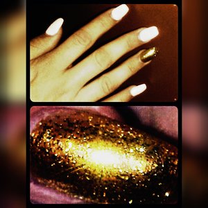 all white nails only ring finger is gold glitter. <3 Anyone like??