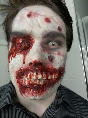 Zombie make-up on my lovely boyfriend. Using the tissue/latex method, with latex to give texture and hand made teeth, using latex. 
Check out my Facebook :) - https://www.facebook.com/pages/Emilyguysfx/169544763169171?ref=hl