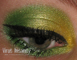 Virus Insanity eyeshadow.  From inner to outer corner: Explode, Becca-ecca, Zombie.  Bottom eyeliner: Becca-ecca, Zombie.

www.virusinsanity.com