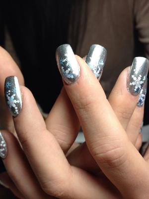 simple winter design with image plates over acrylic mani