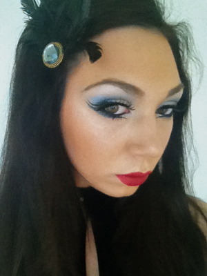 sky blue shadow smoked into a dark blue finished with a double lined cat eye and russian red lippy  
