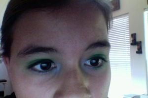 Sorry if you can't see it!! :( But the lid is a dark green and beside it is a light shimmery green and under the lashline is a light pink and in the corner is a blue. Hope you like it!