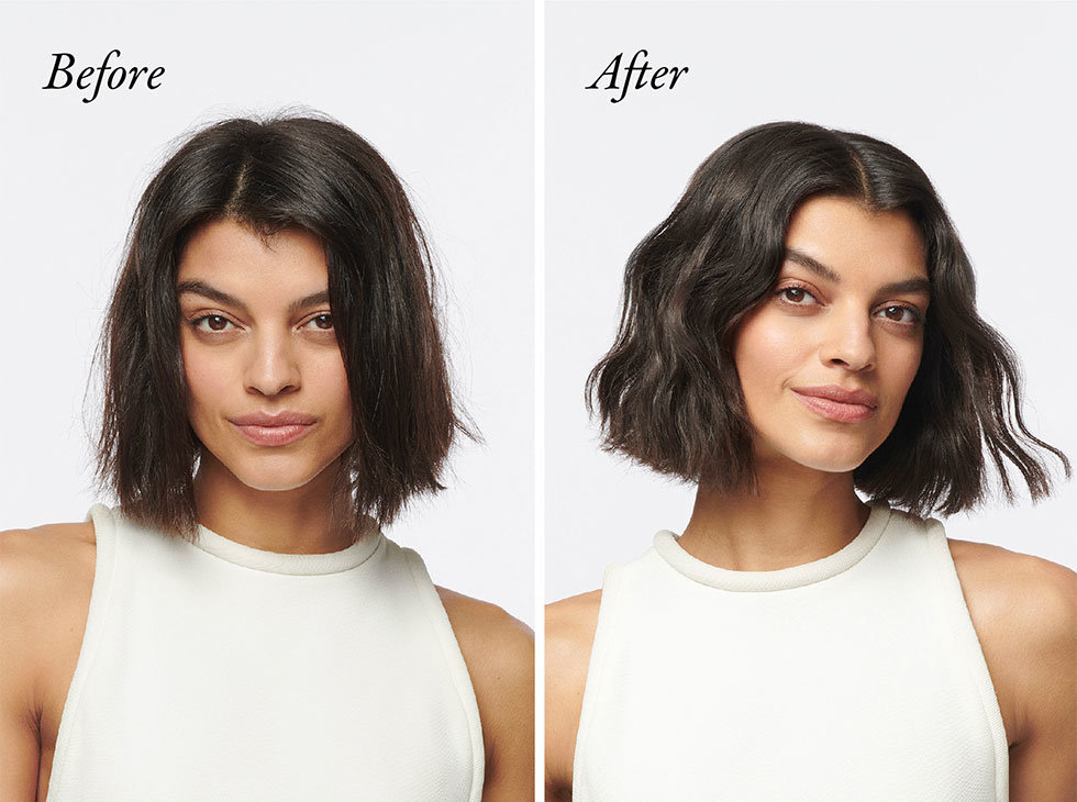 Oribe model before & after using the Hair Alchemy Heatless Styling Balm