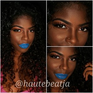 Soft brown eyes with  bold and vibrant blue lips. 